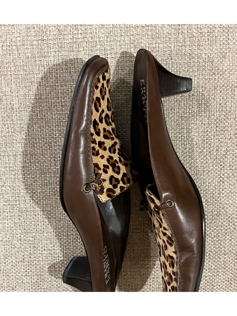 Franco Sarto kitten heel mules. Leather & leopard print calf hair. Brown. 8 - Picture 11 of 12